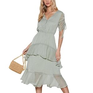Nasty Gal Sage Green Midi Dress with Ruffle Hem